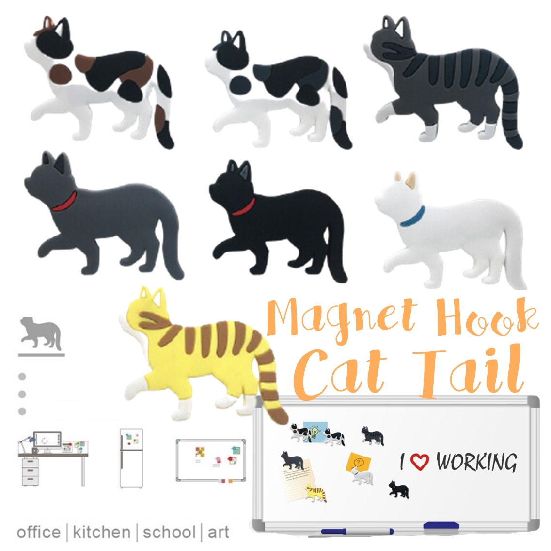 Cat Tail Fridge Magnet Hook V.2 แม่เหล็กรูปแมว แม่เหล็กติดตู้เย็น แม่เหล็กติดบอร์ด งอหางได้ ห้อยของได้ มีหลายแบบให้เลือก