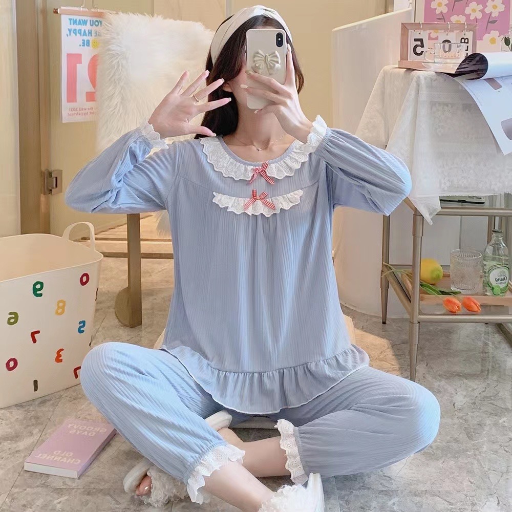 ชุดนอน ชุดนอนผู้หญิง ชุดนอนแขนยาวขายาว ชุดนอนผู้ใหญ่ แต่งโบด้านหน้า สไต ...