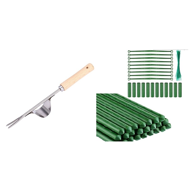 1x Wood Handle Stainless Steel Garden Weeder & 145x Garden Stakes Plant Support Plastic Coated Steel Plant Stake