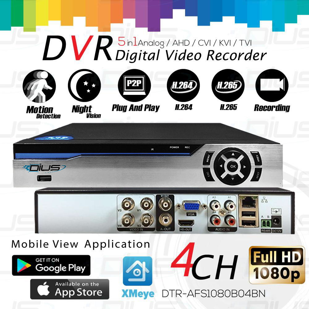 5 in 1 เครื่องบันทึกภาพ Dius ( DTR-AFS1080B04BN ) DVR Full HD 1080p 4 Channel สำหรับ กล้องวงจรปิดระบบ AHD / CVI / TVI / XVI / Analog