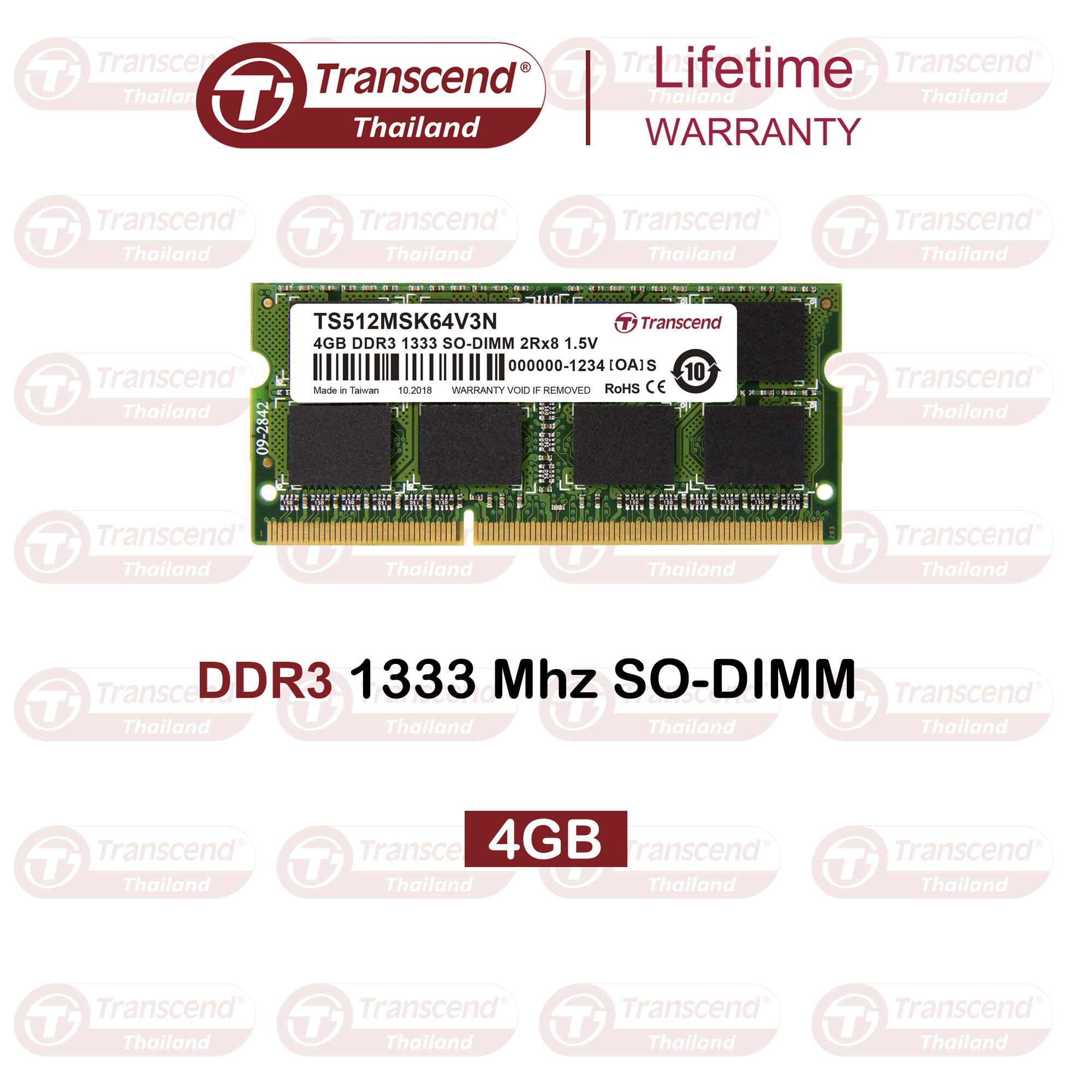 RAM-Memory for Notebook DDR3-1333 16 Chips 4GB : Transcend (รับประกันตลอดอายุการใช้งาน) - มีใบกำกับภาษี ราคา 2,509 บาท*ส่งฟรี