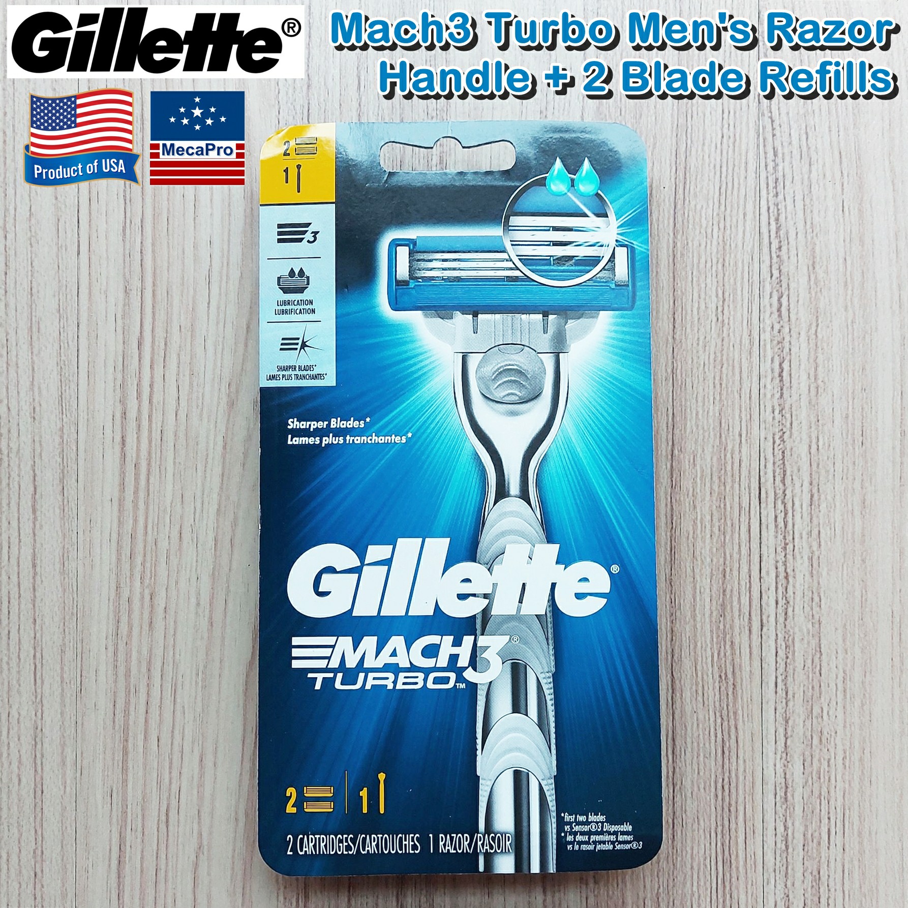 Gillette® Mach3® Turbo™ Men's Razor Handle + 2 Blade Refills ชุดมีดโกน ยิลเลตต์ มัคทรี เทอร์โบ ด้าม+ใบมีด