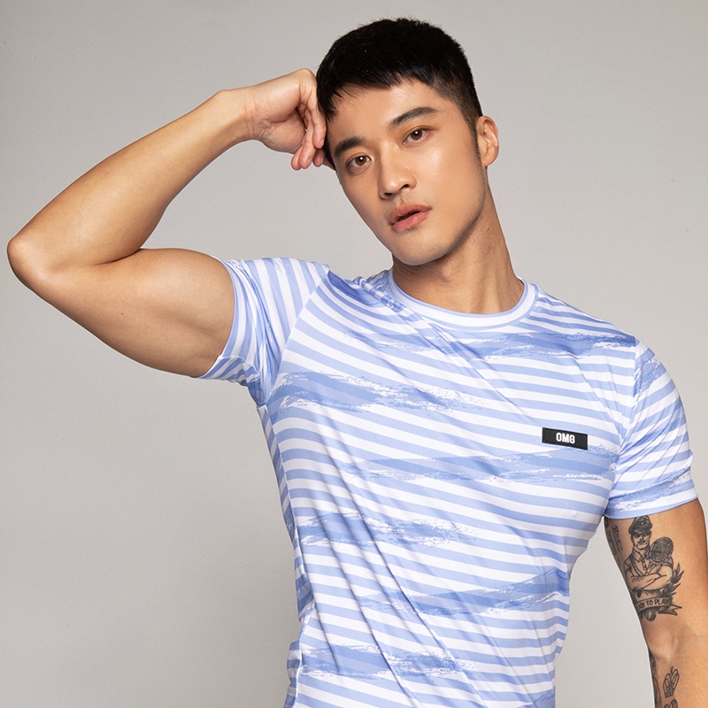 OMG Professional Training Striped Quick Dry Running Short Sleeve Stretch Tights Sports TShirt