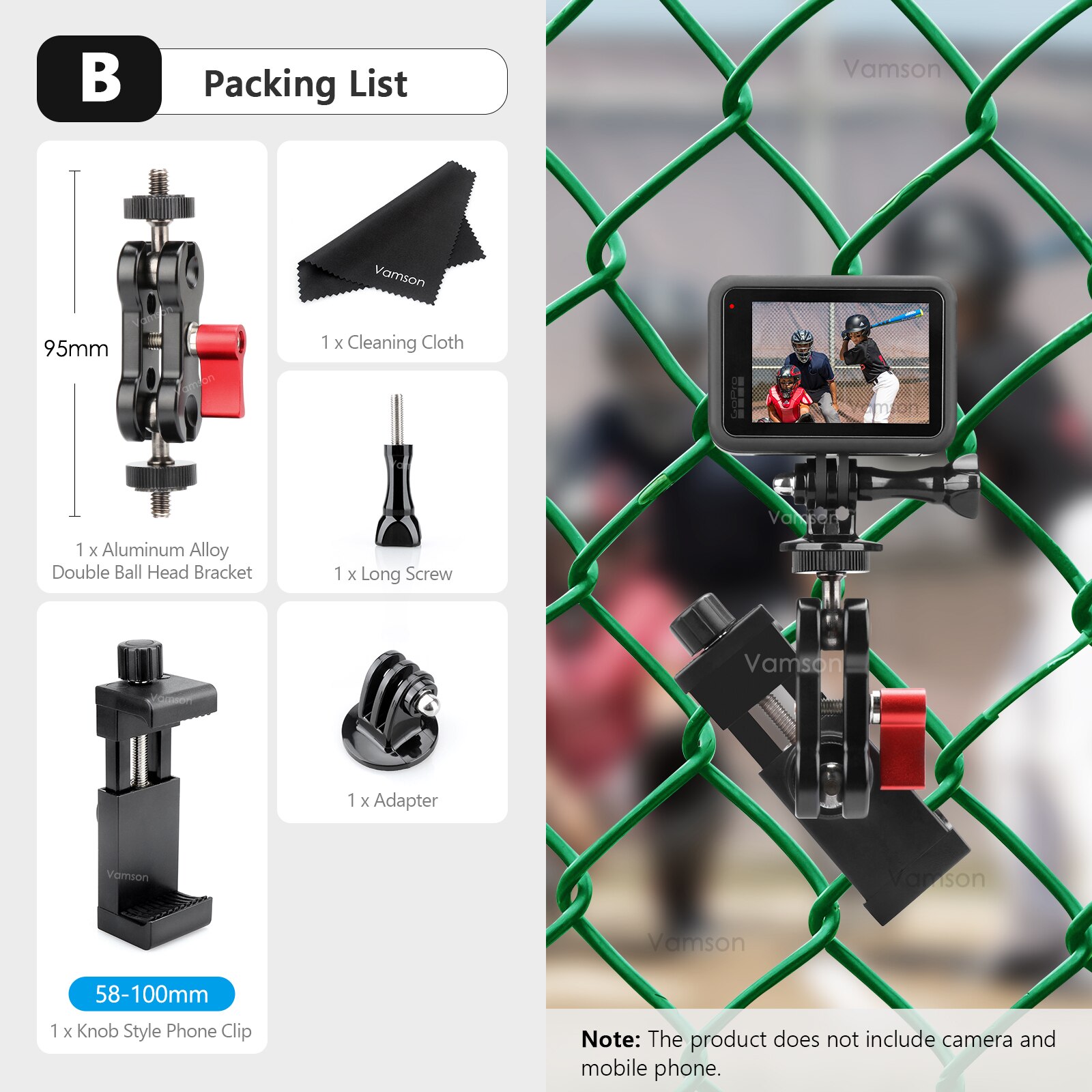 Vamson Phone Fence Mount For Baseball Softball Camera Holder For Gopro11 Insta360 X3 DJI Essories For Record Football Tennis