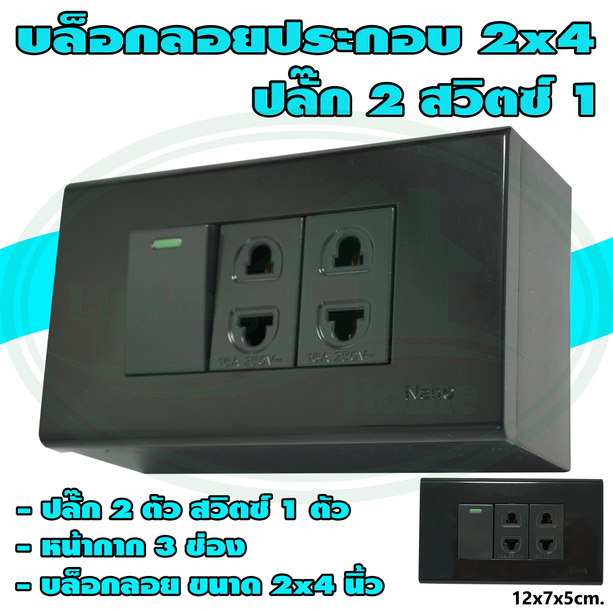 บล็อกลอย ขนาด 2x4 นิ้ว พร้อม สวิตช์ 1 ตัว ปลั๊ก 2 ตัว สีดำ (G-19)