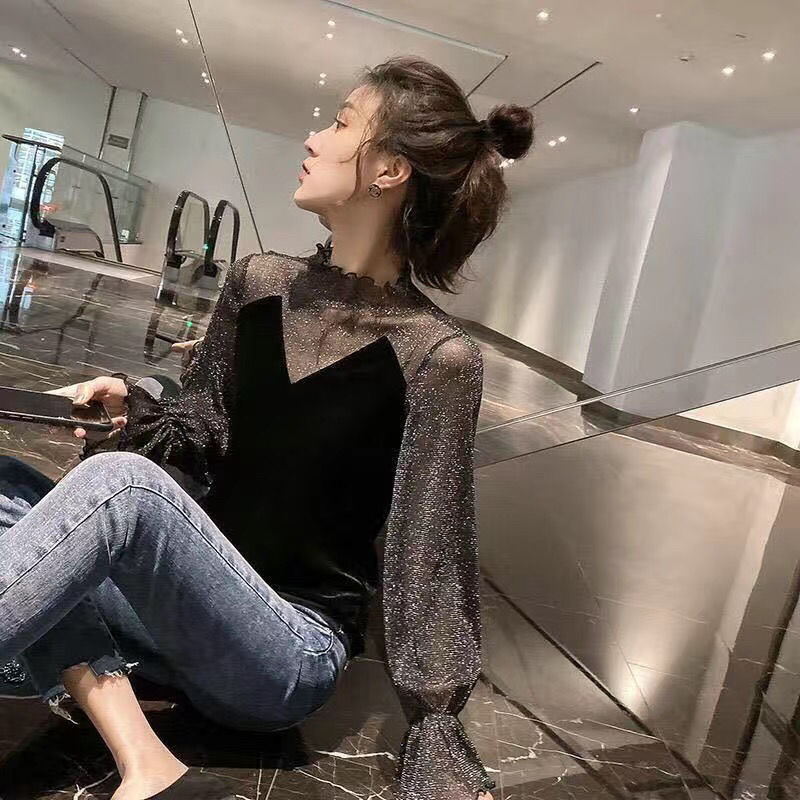 Mesh Lace Velvet Women's Loose-fitting Retro Chic Top