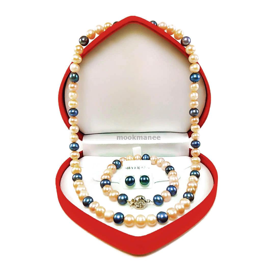 เซ็ทไข่มุกแท้อันดามันคละสี อัญมณีแห่งท้องทะเลที่ทรงคุณค่า 1 เซ็ทมี 3 ชิ้น (สร้อยคอ, สร้อยข้อมือ, ต่างหู 1 คู่ ) จัดส่งพร้อมกล่องรูปหัวใจสวยงาม -Set real pearl mixed color necklace bracelet earrings ส่งด่วนฟรี ของแท้ 100% เก็บเงินปลายทางได้