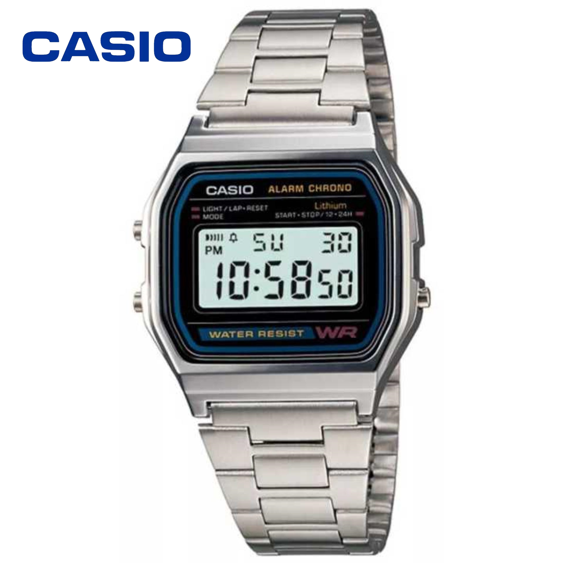 Casio Digital Classic นาฬิกาข้อมือสุภาพบุรุษ สีเงิน สายสแตนเลส รุ่น A158WA-1DF