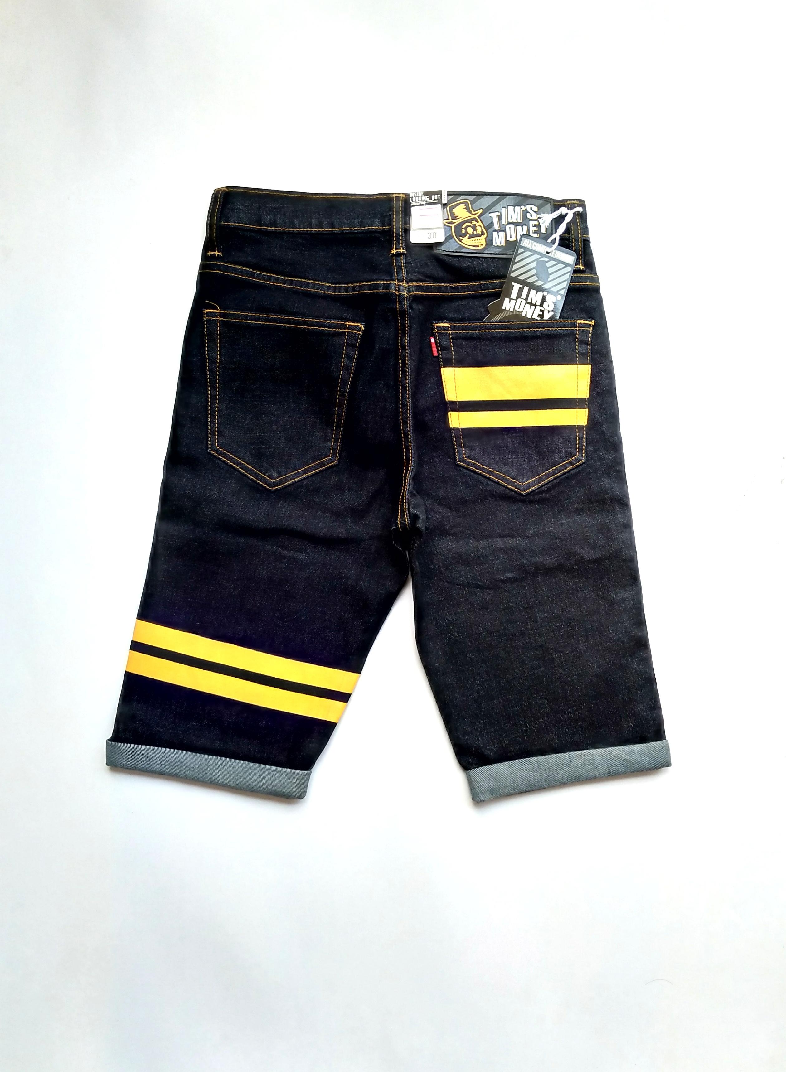 jeans กางเกงขาสั้น กางเกงยีนส์ขาสั้น ผู้ชายผ้ายืด กึ่งเดฟกึ่งกระบอกเล็ก คาดแถบสีเหลือง ซิป Size 28-36