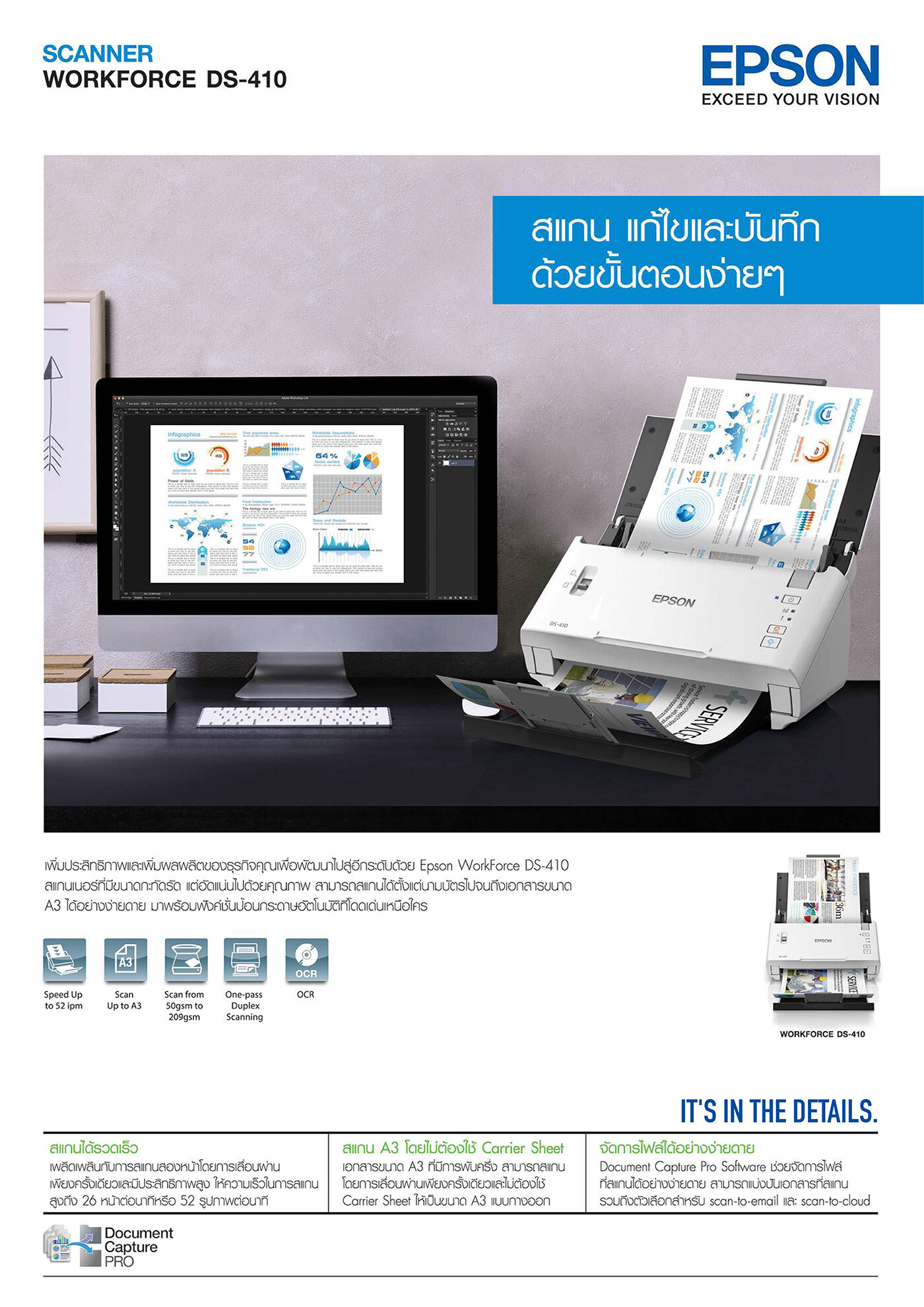 Epson สแกนเนอร์ Workforce Ds 410 A4 Duplex Sheet Fed Document Scanner By Nt Computer Th 9021