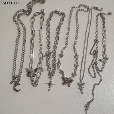 2021 New Kpop Goth Vintage Butterfly Cross Angel Pendant Pearls Grunge Metal Chain Necklace For Women Man Cool Guy Punk Jewelry