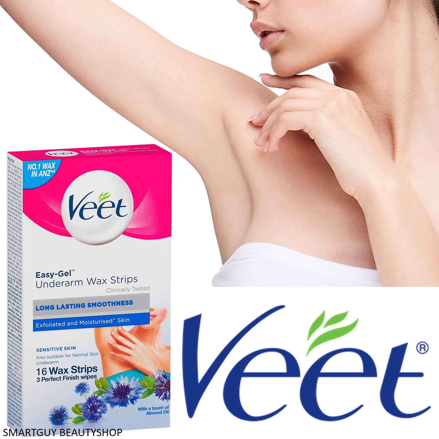 Veet Easy Gel Underarm Wax Strips Sensitive Skin ผลตภณฑกำจดขนสำหรบใตวงแขนสตรออนโยนพเศษ