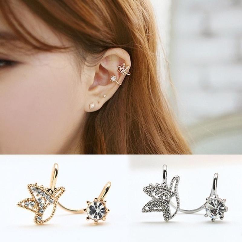 ต่างหู ไม่ต้องเจาะหู ตุ้มหู จิว Silver Crystal Gold Color Cuff Earring Earring Butterfly Design Ear Clip For Women Silver Jewelrys For Women - 1 ข้าง