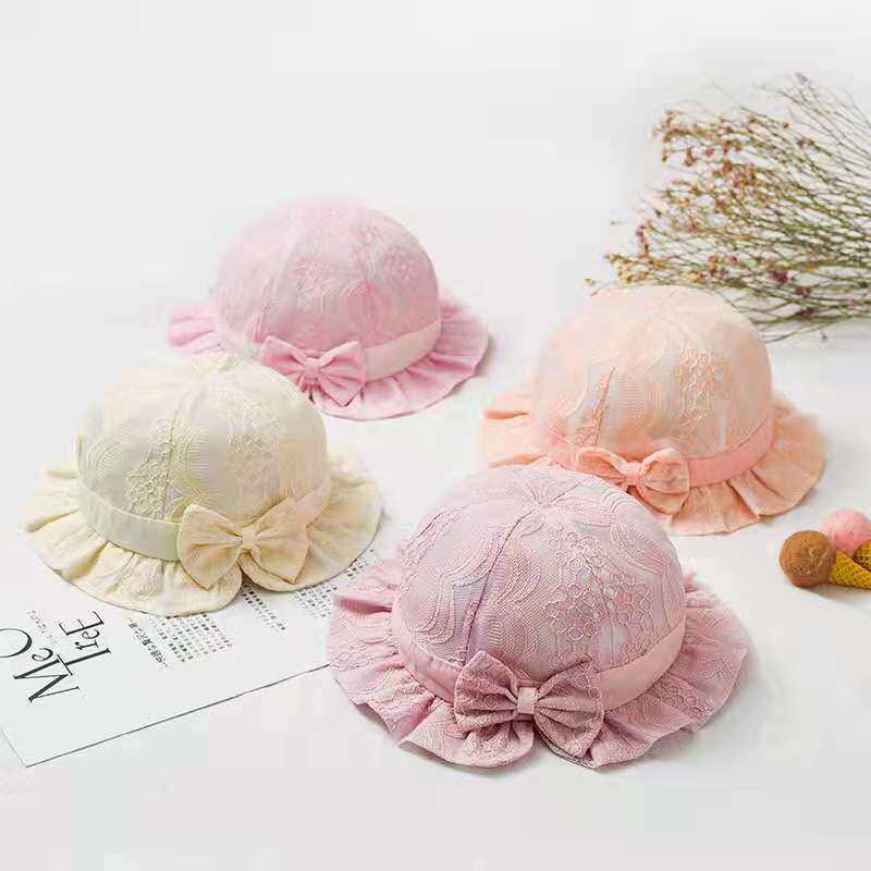 Babyonline(Y200)A1หมวกสำหรับเด็กอ่อนตกแต่งด้วยโบว์และดอกไม้ มีสายรัดคาง