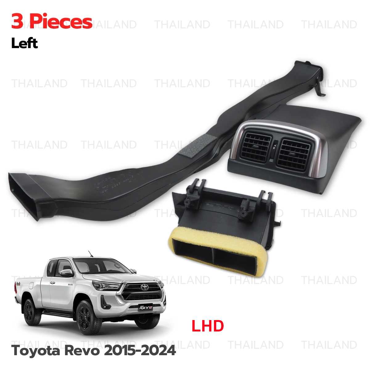 Ống thông gió máy lạnh + ống gió máy lạnh, bộ 3 món chính hãng màu đen, dùng cho Toyota Hilux Revo Automatic Gear năm 2015‑2024