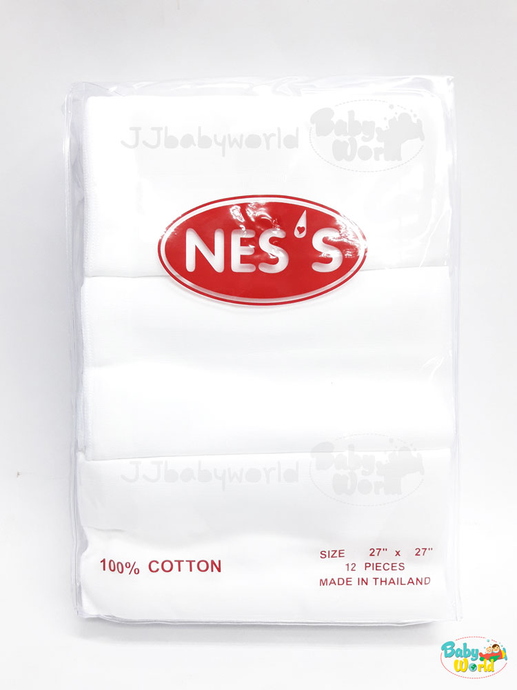 ผ้าอ้อม สาลู NES'S สีขาว cotton 100% ขนาด 27x27 แพค 6 ชิ้น