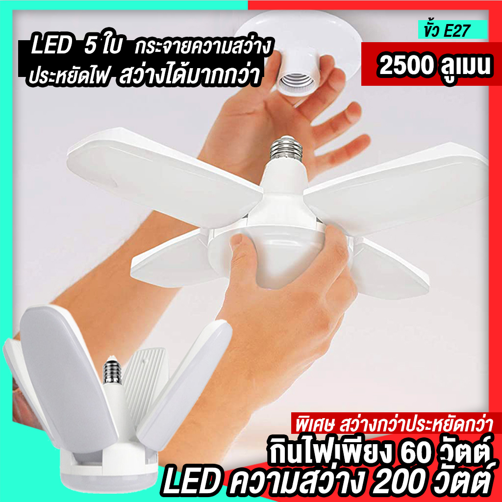 กินไฟ 60W สว่างเท่า 200W หลอดไฟ LED โคมไฟ LED 4 ใบ ขั้วE27  ไฟถนอมสายตา ไฟกางออกได้ และพับเก็บได้  ทรงใบพัด พับได้ Fan Blade LED