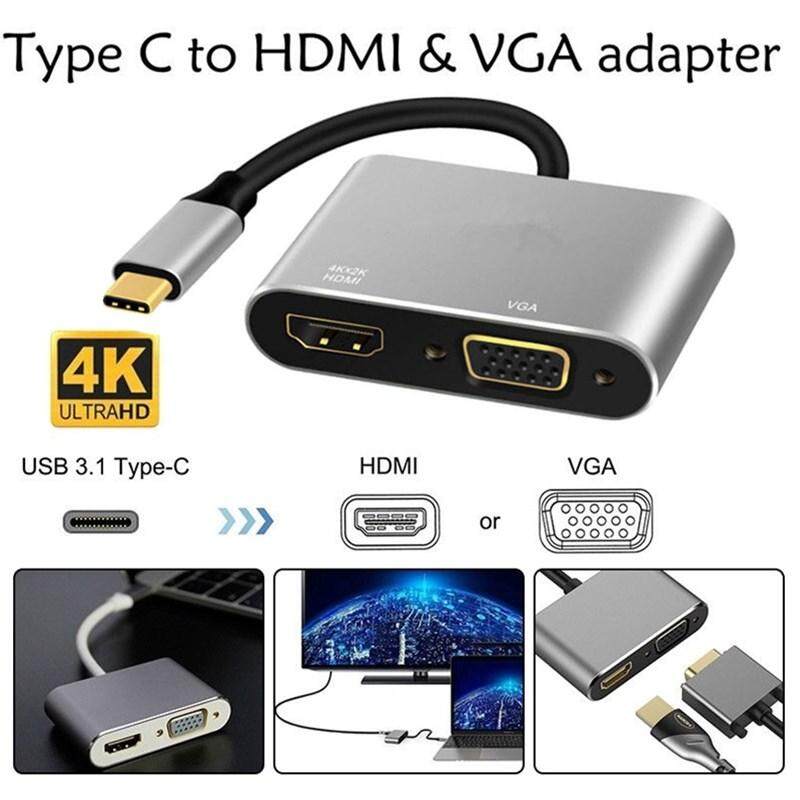 USB- C to HDMI VGA Adapter 2 in 1 USB 3.1 Type C to VGA HDMI 4K UHD Converter