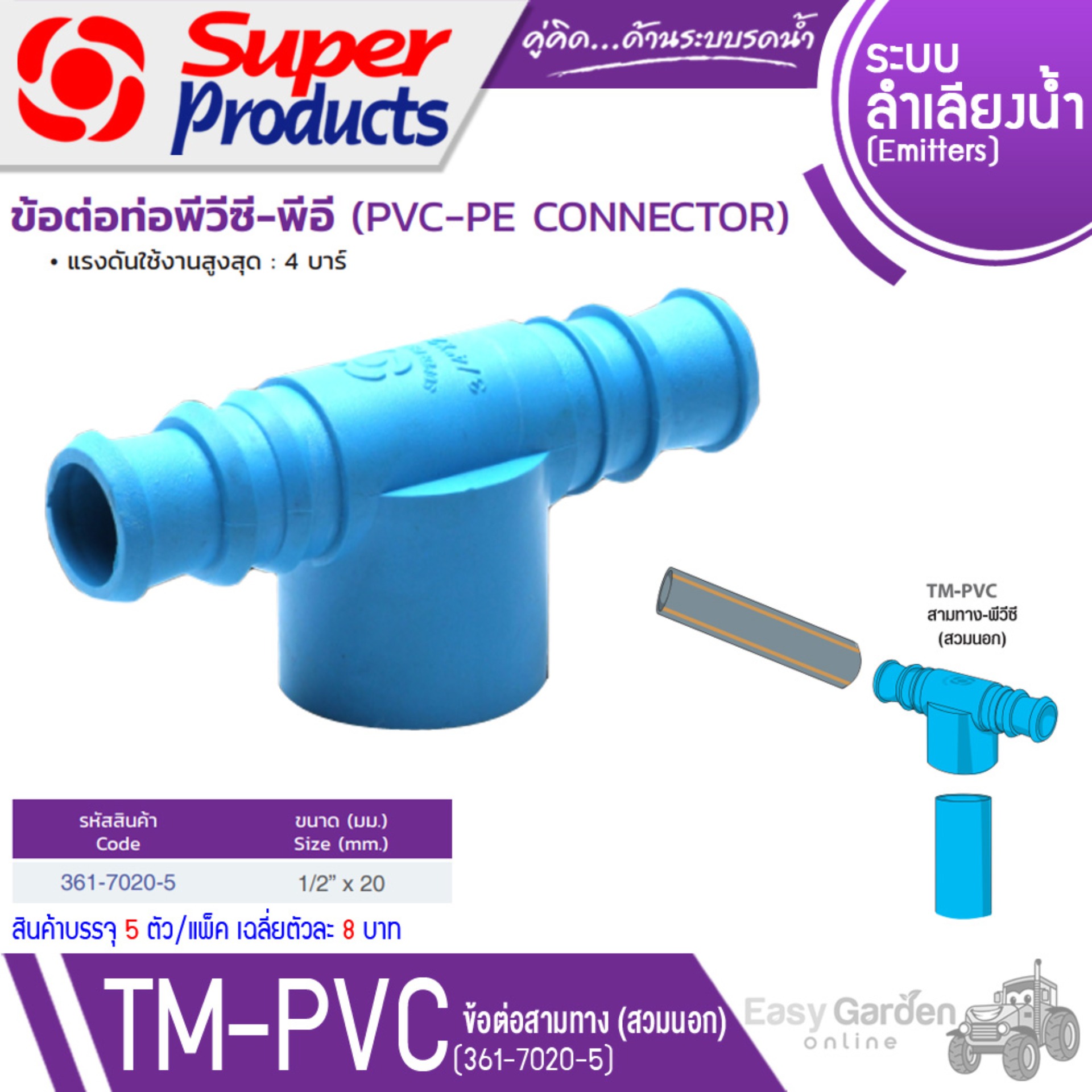 SUPER PRODUCTS ข้อต่อสามทาง พีวีซี-พีอี 1/2 นิ้ว x 20 มม.(5ตัว/แพ็ค) รุ่น TM-PVC 1220