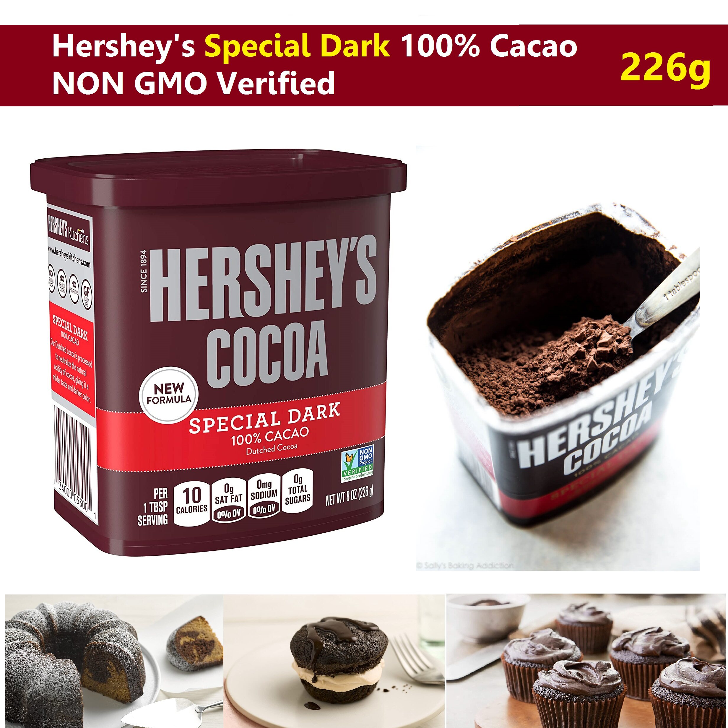 Hershey's Special Dark 100% Cocoa เฮอร์ชี่ส์โกโก้ผงเข้มข้น 100% สูตรธรรมชาติ ขนาด 226 กรัม NON GMO Verified