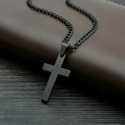 สร้อยคอ ไม้กางเขน Vintage Cross Pendant Necklace Stainless Steel Necklace Black Chain Pendant Necklace Men Women Christian Jesus Necklace