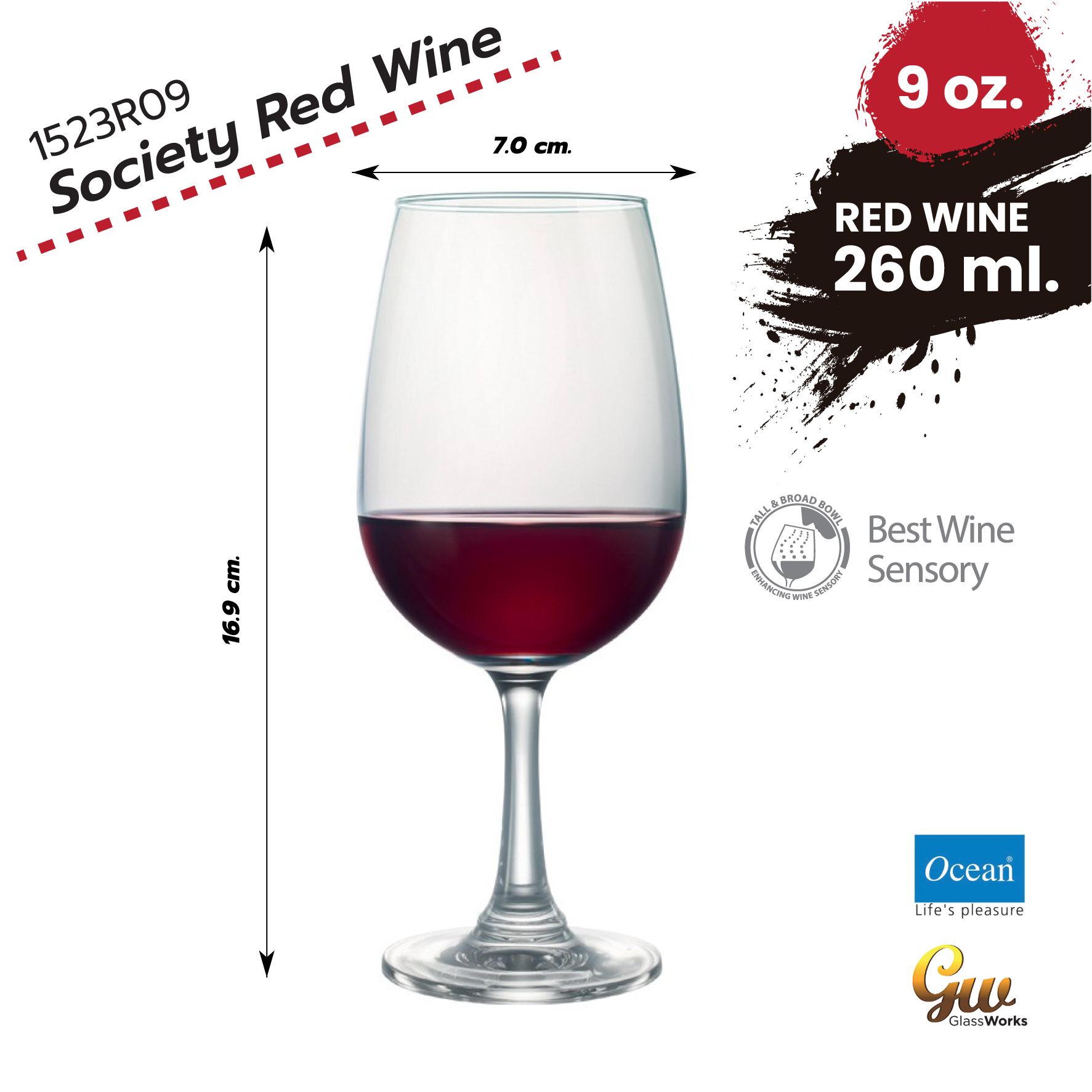 แก้วไวน์ แก้วไวน์แดง แก้วโอเชี่ยน Red Wine Glass แก้วไวน์แดง Ocean Glass 1523R09 / 9 oz ( 260 ml) Society Red Wine 1 pcs.