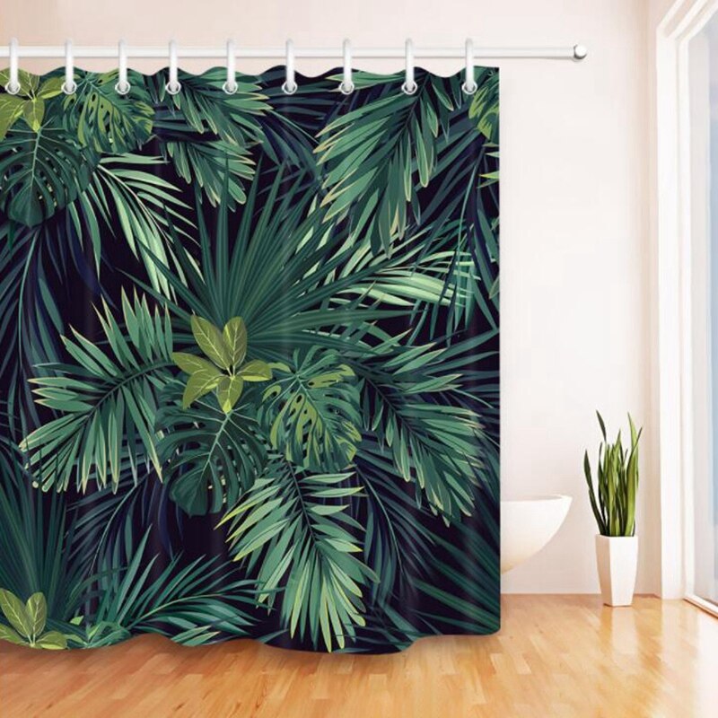 สีเขียวม่านอาบน้ำใบรูปแบบการพิมพ์โมเดิร์นธรรมชาติพืชรูปแบบห้องน้ำโพลีเอสเตอร์กันน้ำผ้าม่าน