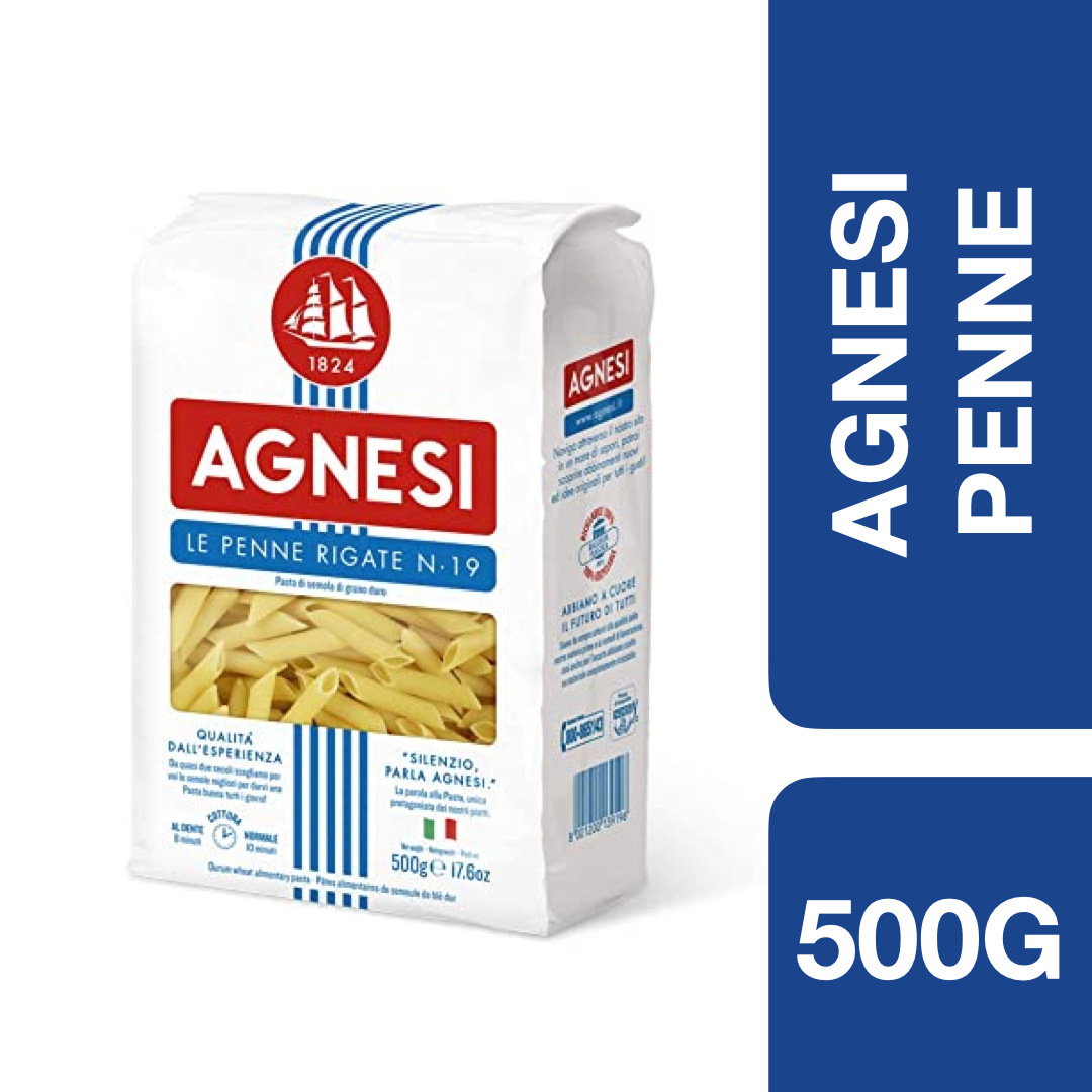 Agnesi Penne Rigate No.19 500g ++ แอคเนซี เพนเน่ ริกาเต้ เบอร์ 19 พาสต้าปากตัดมีรอยหยัก 500 กรัม