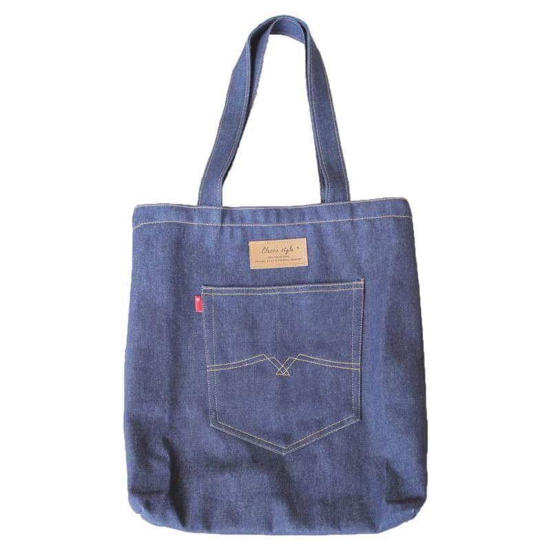 JeanSwap กระเป๋ายีนส์วินเทจ มีซิป สีกรมท่า ขนาด 14x16 นิ้ว Tote Bag Jeans Bag