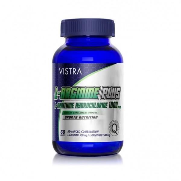 Vistra L-Arginine Plus L-Ornithine Hydrochloride 1000 mg. Sport Nutrition 60 เม็ดวิสตร้า แอล อาร์จินีน พลัส x 1 ขวด อาหารเสริมสำหรับคนชอบออกกำลัง กระตุ้นการผลิต Growth Hormone เสริมสร้างกล้ามเนื้อ