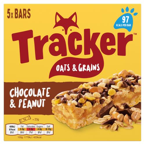 Tracker Oats Grains Chocolate Peanut Bars 5 x 23g 115g แทรคเกอร์ ข้าวโอ๊ต และ ธัญพืช บาร์