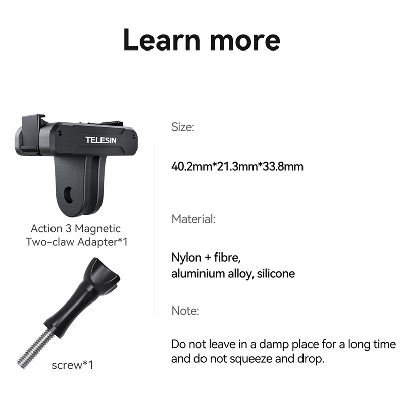 TELESIN Magnetic Two Claw Adapter Action Camera Adapter for DJI OSMO Action 3 Accessories