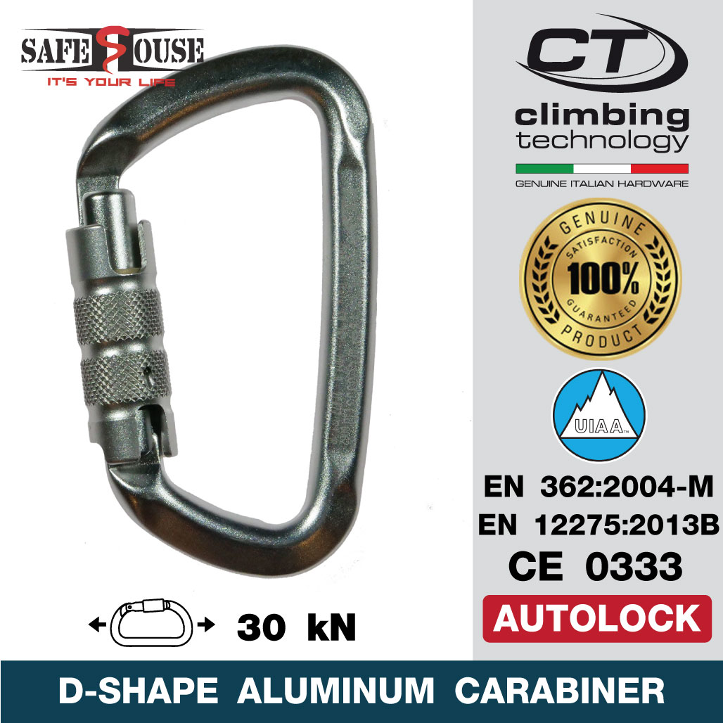 คาราบิเนอร์อลูมิเนียม รูปทรงตัวดี D-Shape Aluminum Carabiner ชนิดล็อคอัตโนมัติ 3 จังหวะ (Autolock)