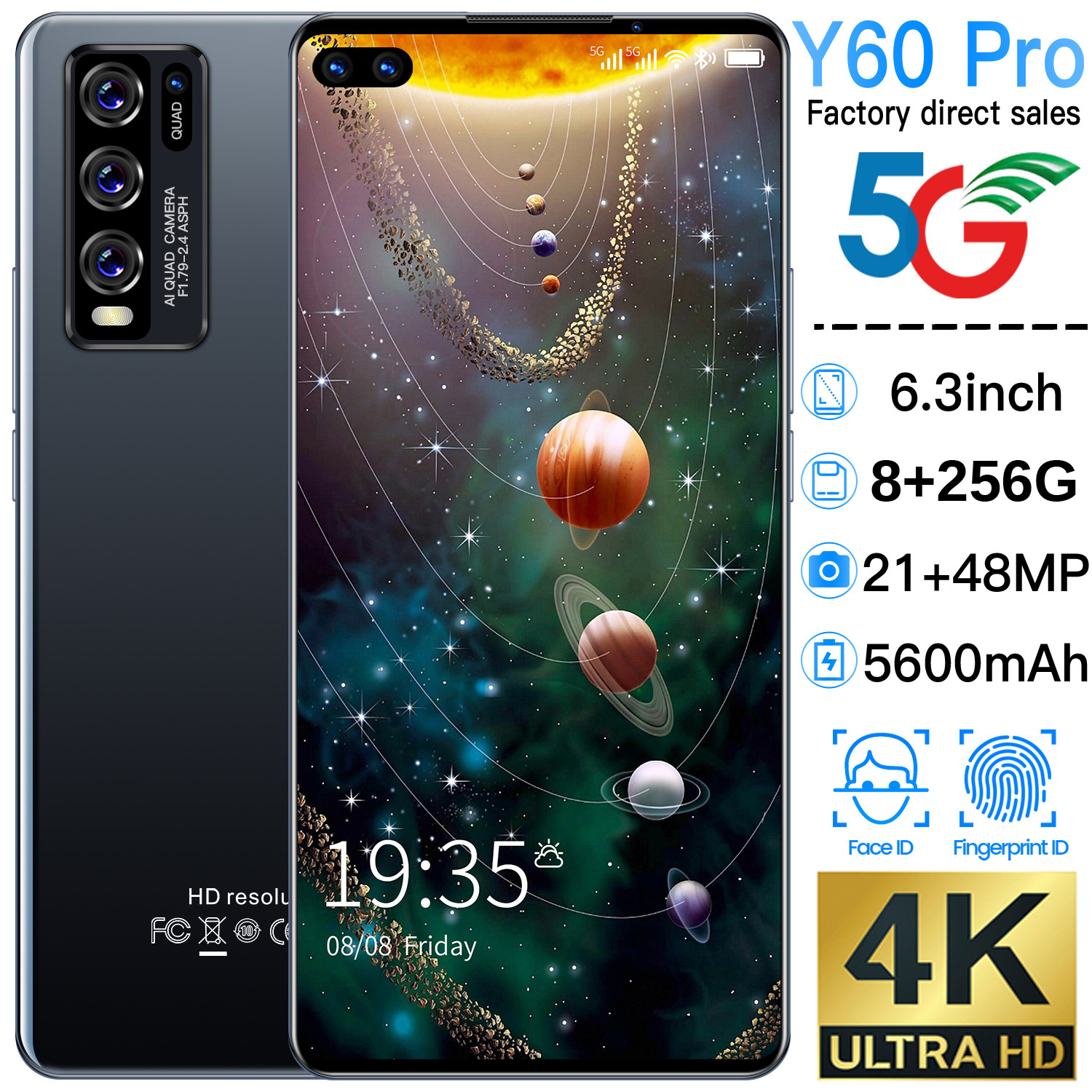 Hauwei Y60 Pro สมาร์ทโฟนโทรศัพท์ราคาถูก 6.3 นิ้วโทรศัพท์มือถือ 128GB / 256GB 5600mAh แบตเตอรี่ขนาดใหญ่ Android  โทรศัพท์มือถือ5g wifi