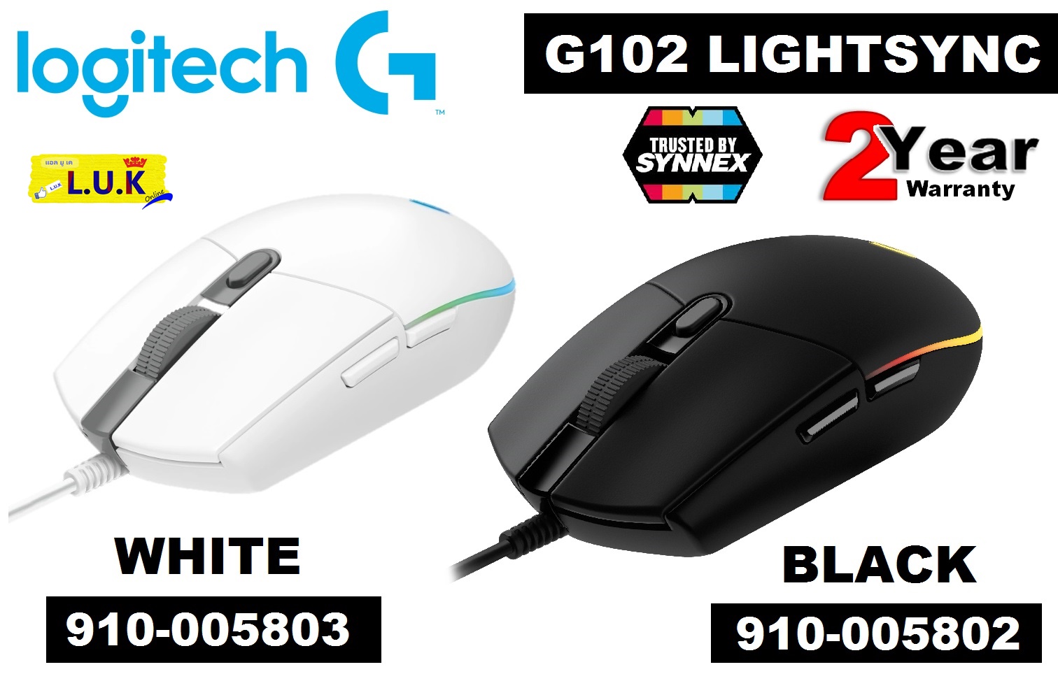 MOUSE (เมาส์) LOGITECH G102 LIGHTSYNC RGB GAMING MOUSE (มี 2 สี สีดำ|สีขาว) - ประกัน 2 ปี