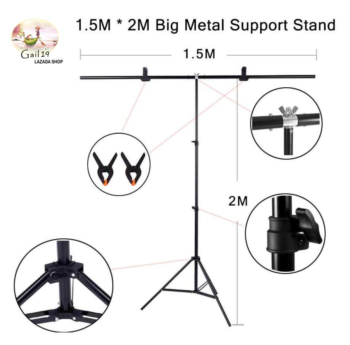 1.5M * 2M Big Photography Studio Video Metal Support Stand System Kit Set W/ Crossbar Clamps 2 * Clamps for PVC Backdrop Background ชุดกล้องถ่ายภาพขนาด 1.5เมตร * 2เมตร. รองรับแท่นวางเหล็กและปากกาจับ 2 * สำหรับ PVC ฉากหลัง