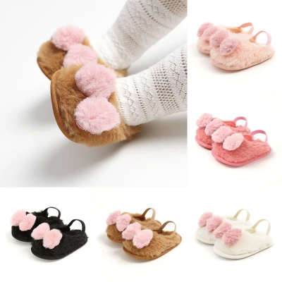 Lovely Infant Kids Girls Bow Slippers Slides Warm Soft Plush Crib Shoes