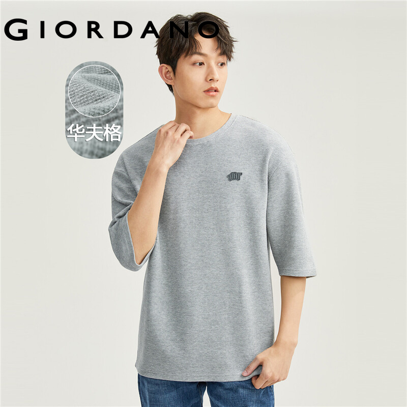 Giordano Men Letter badge 3/4 sleeve loose waffle tee Free Shipping ...