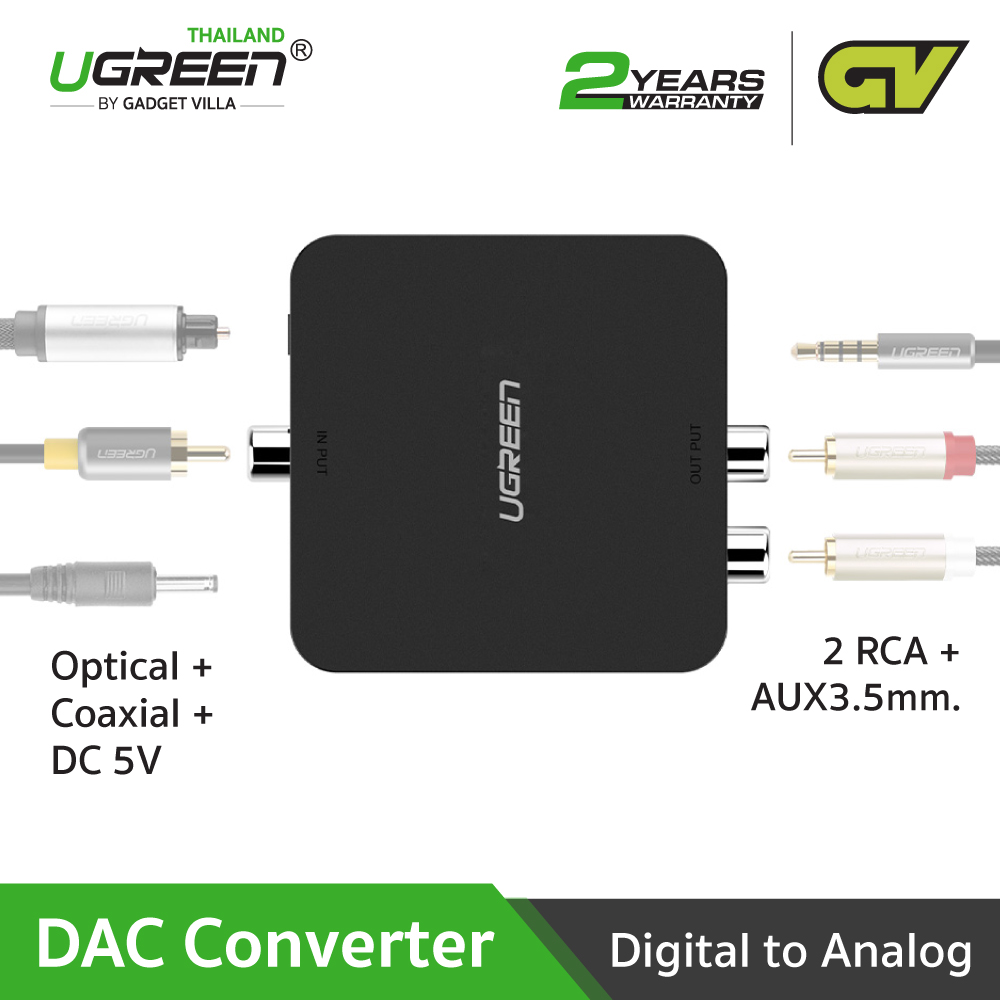 UGREEN ตัวแปลงช่องต่อ Optical DAC ส่งสัญญาณ Digital (ดิจิทัล) Coaxial เป็น Analog (อนาล็อก) 2RCA RCA L/R และ AUX 3.5mm รุ่น 30523 สำหรับ ทีวี และ เครื่องเสียง ใช้งานกับหูฟัง และ ลำโพง