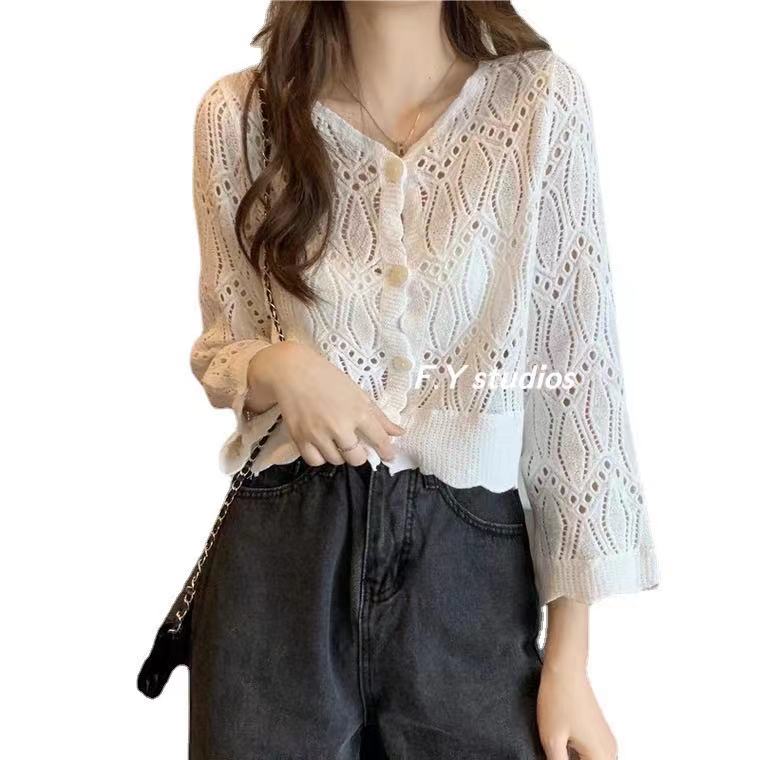 พร้อมส่ง️)เสื้อไหมพรม เสื้อลูกไม้แขนยาว กระดุมหน้า NO.