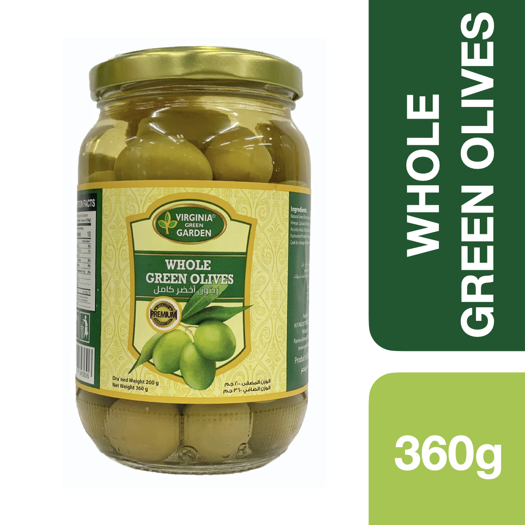 Virginia Green Garden Whole Green Olives 360g ++ เวอร์จีเนียกรีนการ์เด้น มะกอกเขียว เต็มเม็ด 360g