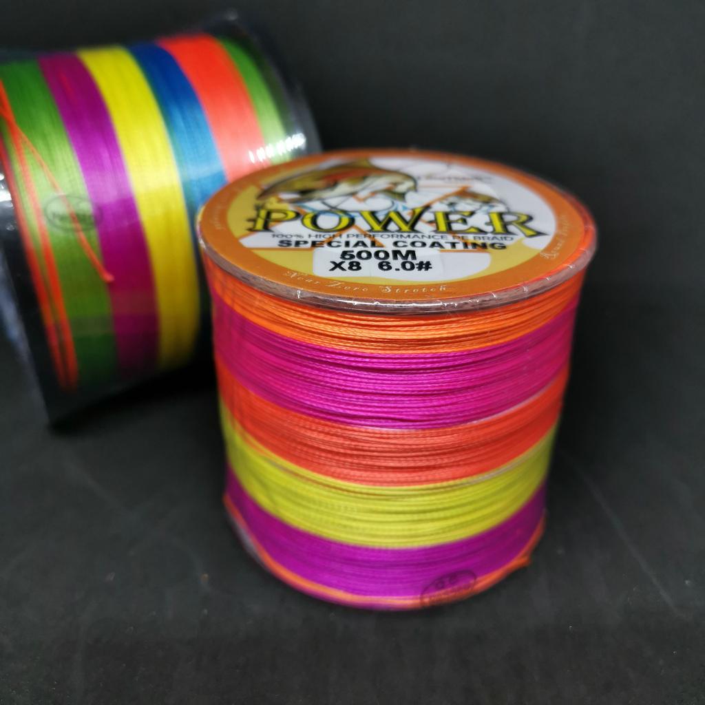 POWER สายตกปลา 100% PE ถัก8เส้น ( X8) 500เมตร เบอร์ 6 0.4mm 80LB 36.4KG 5สี เหนียวๆ )