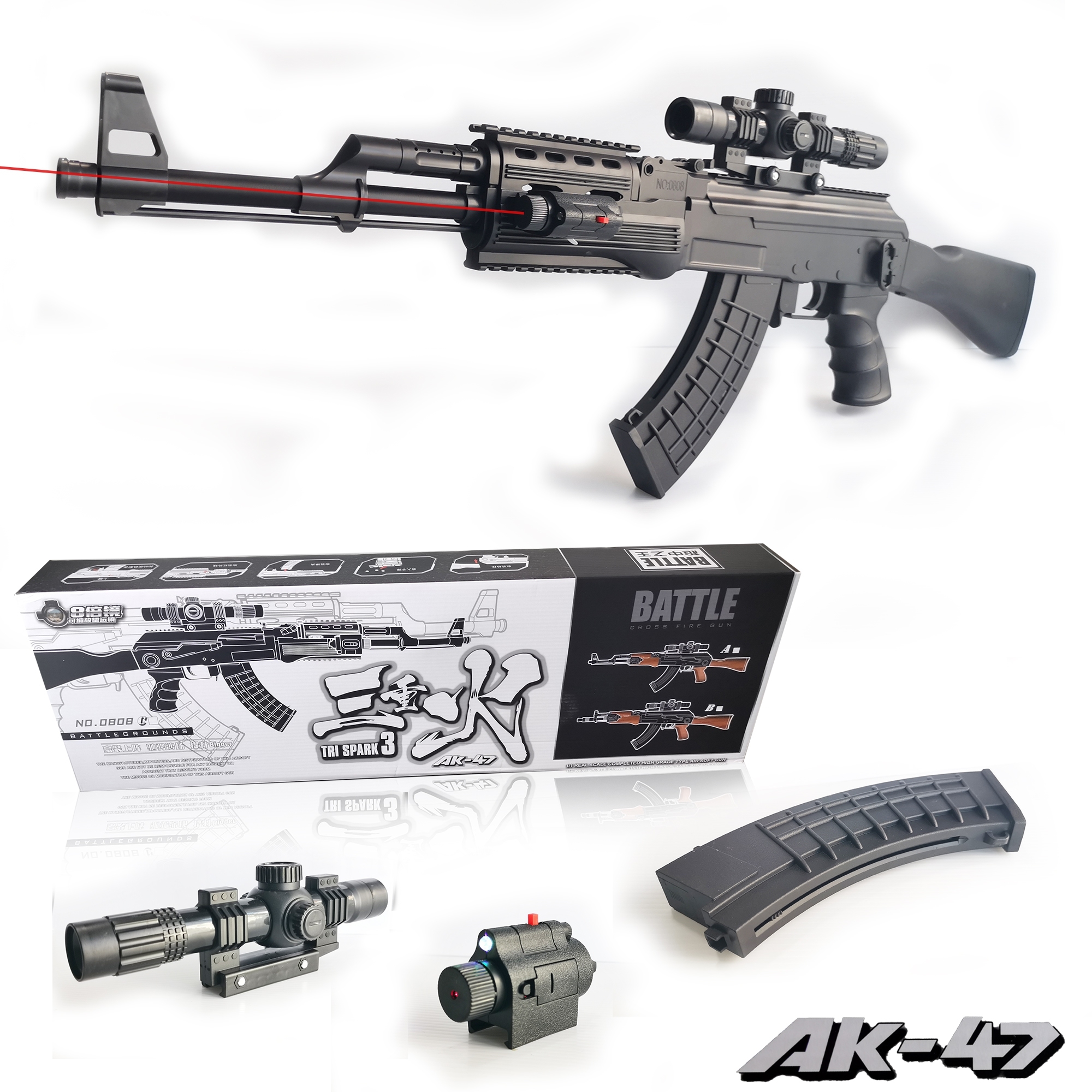 SP.TOYS ปืนของเล่นปืนอัดลม AK-47 ระบบสปริงชักยิงทีละนัด บอดีพลาสติกแข็ง ABS มาพร้อมสโคปปรับซูมได้