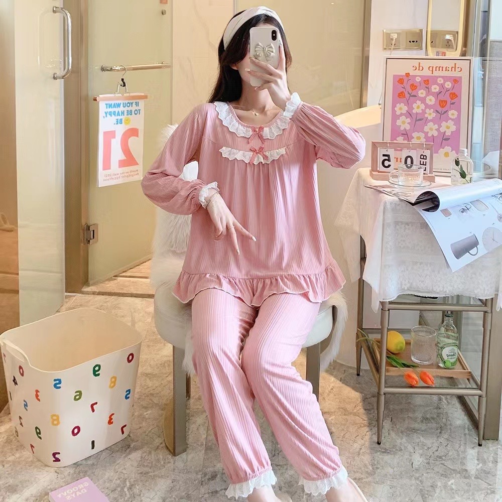 ชุดนอน ชุดนอนผู้หญิง ชุดนอนแขนยาวขายาว ชุดนอนผู้ใหญ่ แต่งโบด้านหน้า สไต ...