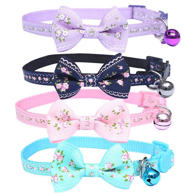 4PCS Cat Collar Small Floral Cat Collar Safety Quick Release with Bell Cat Collar Adjustable Cat Collar with Bowtie