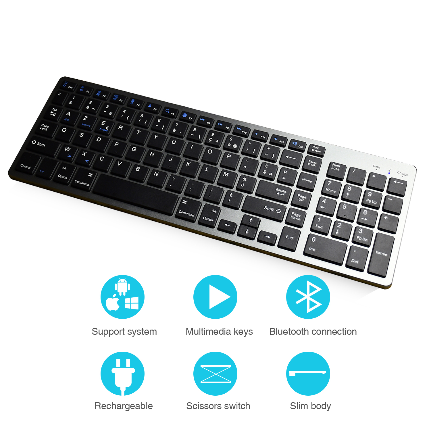 Zienstar Azerty French Letter Bluetooth Keyboard Rechargeable Wireless