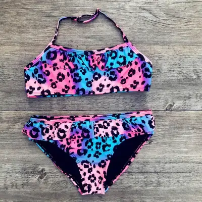 Children Baby Girl Leopard Ruched Bikini Set Swimwear Swimsuit Bathing Clothes