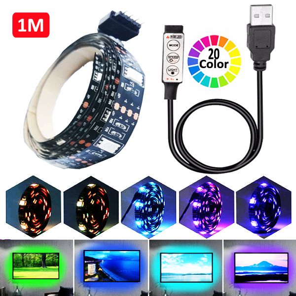 Angelila 2019 USB LED โคมไฟแถบ 5050 RGB ยืดหยุ่นแบบแท่นชาร์จพื้นหลังทีวี 1 เมตร DC5V LIGHT 3 กุญแจ MINI CONTROLLER