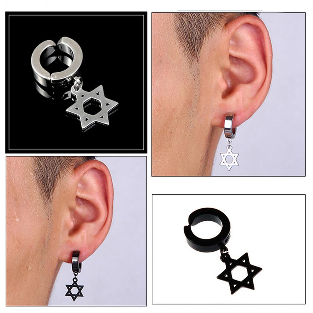 ต่างหู ไม่ต้องเจาะหู ตุ้มหู จิว Hexagon Huggie Stud Earrings for Men Stainless Steel  Earing Punk Male Costume Jewelry- 1 ชิ้น