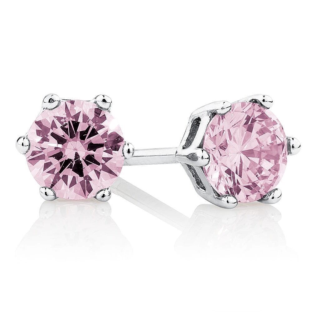 ต่างหูเพชรชมพู เพชรสวิส CZ : Pink gems เม็ดกลม 4-5 mm. ต่างหูพลอย ต่างหูคริสตัล Malai Gems